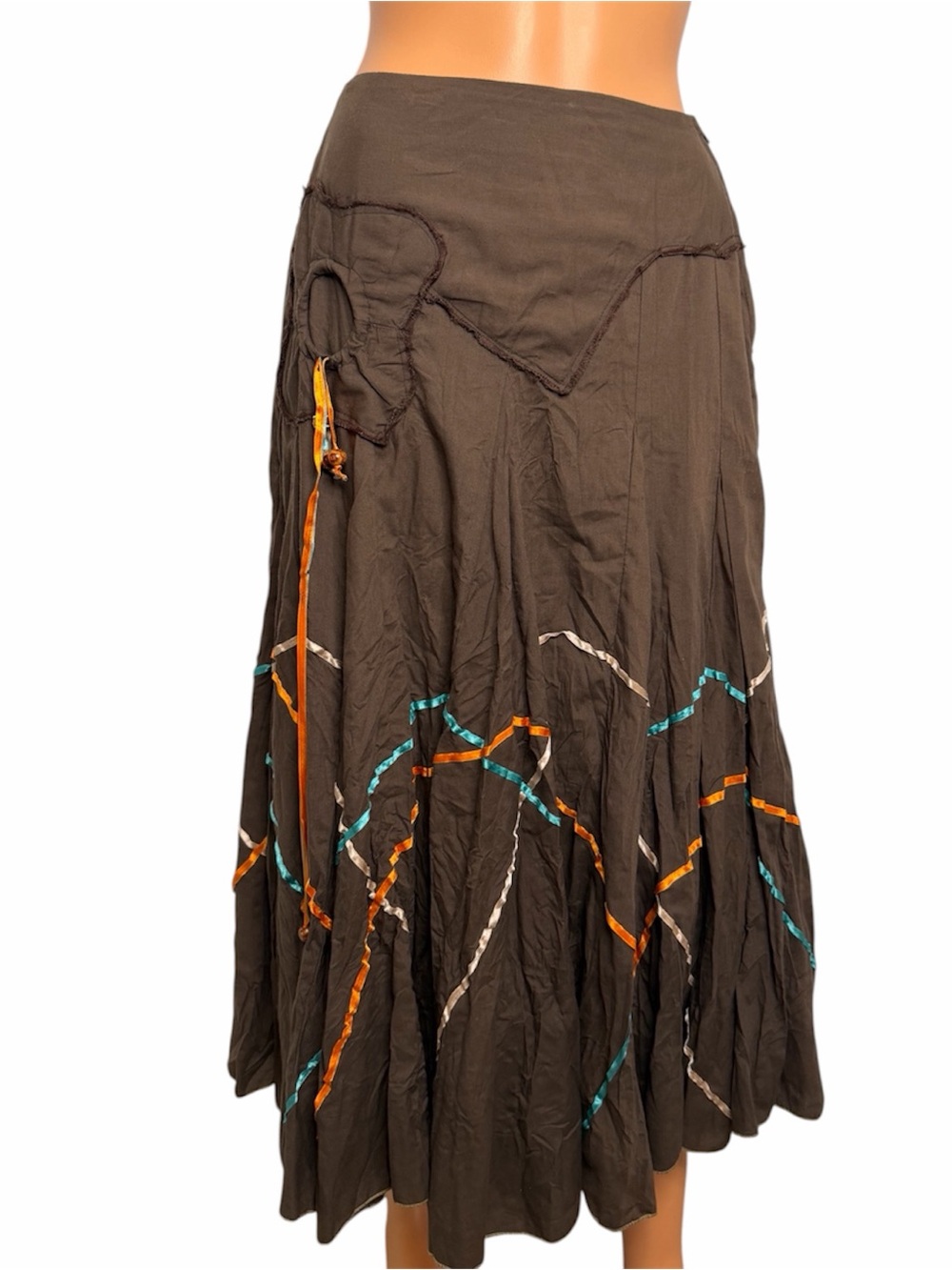 Vintage Léa Greb Y2K Boho Brown Satin Ribbon Flower Appliqué Beaded Tassel Skirt